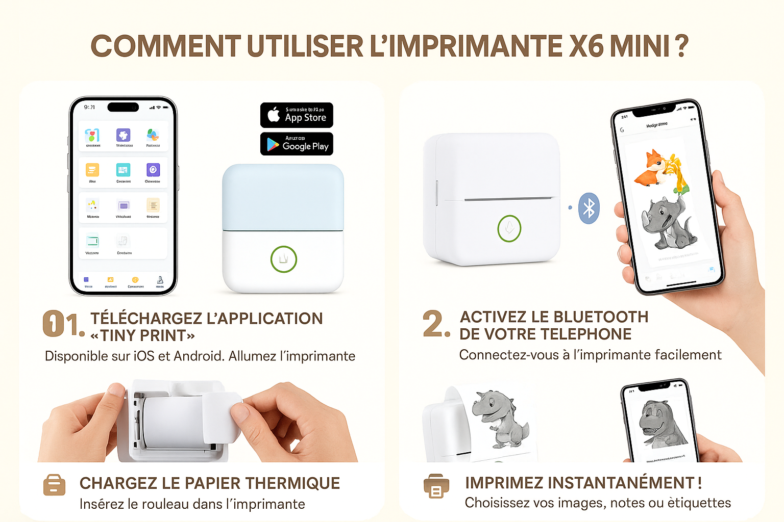 Mini imprimante thermique Bluetooth portable 203 DPI sans encre